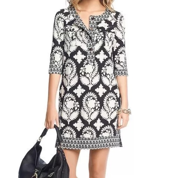 Diane Von Furstenberg SILK BLACK/WHITE INDIAN BROCADE FLORAL STAMP DRESS sz 8 - Picture 1 of 8